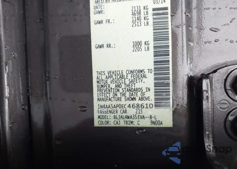 2014 Nissan Maxima 3.5 Sv из США, поврежденный, VIN 1N4AA5AP0EC468610